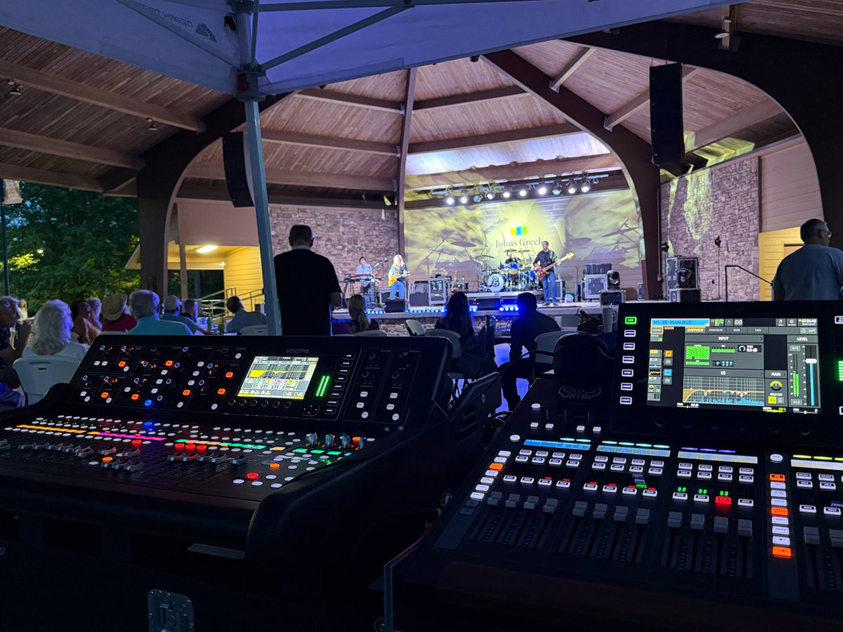 Front-of-house audio console and multi-cam video control at a live Atlanta event